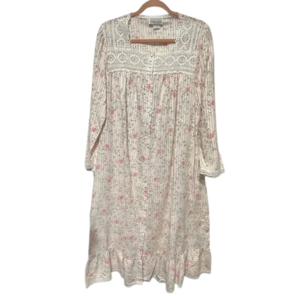 Willow Creek Vintage Floral Lace Nightgown Pink Rose Button Front Small Made USA